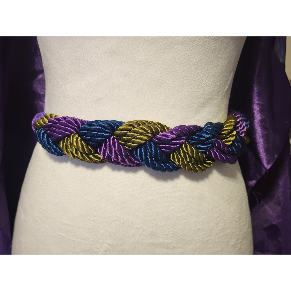 Vintage Braided Cord Jewel Tone Waist Belt Purple Gold Navy Wide Woven Size S